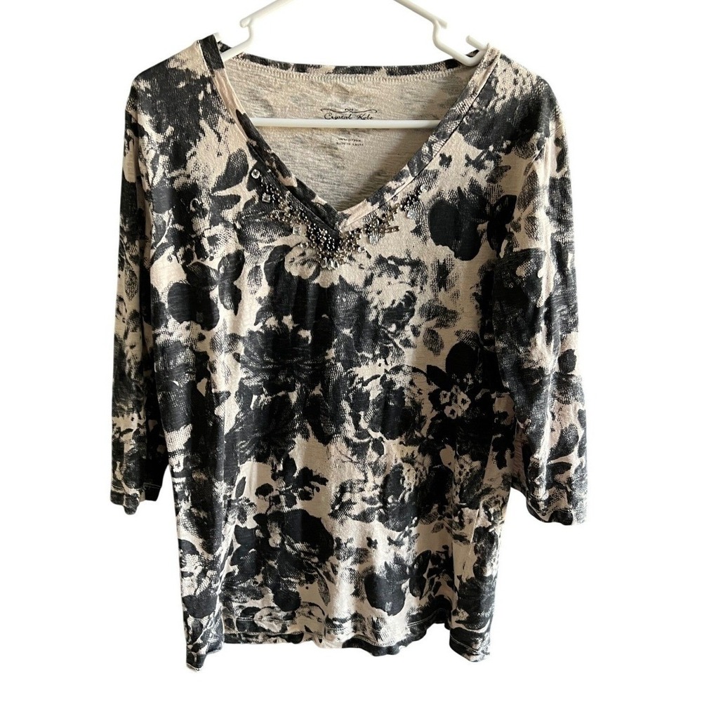 Crystal Kobe Womens Large Black Cream Floral 3/4 Sleeve Beaded V-Neck Cotton Top